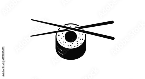 A minimalist black and white illustration depicts a single piece of sushi with chopsticks high quality professional detailed modern elegant