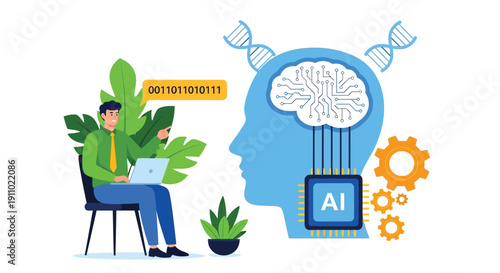 Illustration of a person on a laptop with binary code, next to a human head silhouette with a circuit brain, AI chip, DNA strands, and gears.
