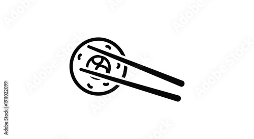 A simple black and white line drawing depicts a cartoon dumpling being held by a pair of chopsticks