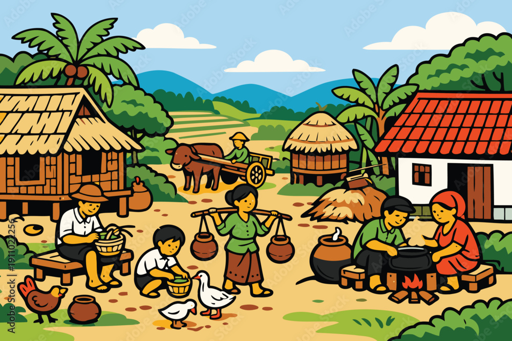 Fototapeta premium rural village life: farming,homes,and daily activities