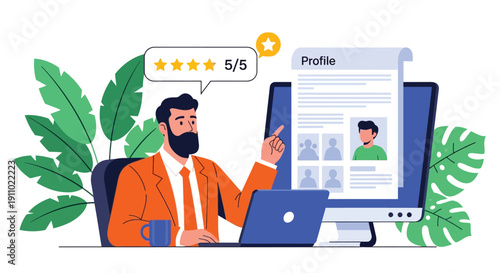 Man in an orange suit sits at a desk with a laptop, pointing to a profile on a monitor. Speech bubble shows a 5-star rating. Green leaves in the background.