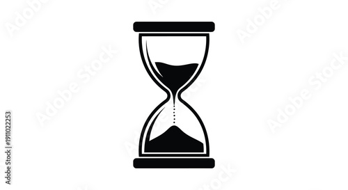 A simple black and white illustration depicts a classic hourglass with sand partially flowing from top to bottom