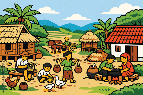 rural village life: farming,homes,and daily activities