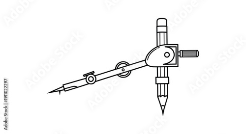 A detailed black and white line drawing depicts a drafting compass a tool used for drawing circles and arcs