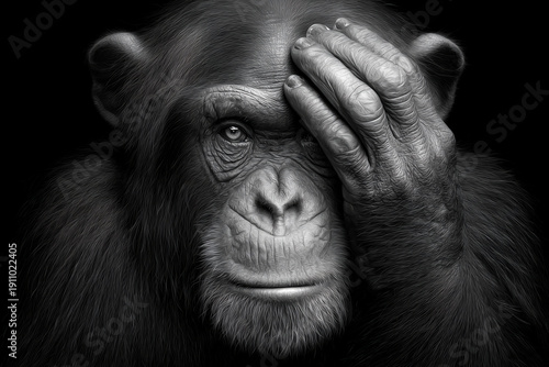A chimpanzee covering one eye with his hand on black background.