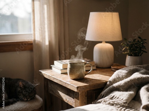 
Cozy hygge bedroom scene with steaming ceramic mug on rustic wooden nightstand, sleeping cat and knit blanket
