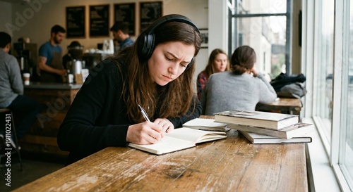 Young woman wearing headphones writing in notebook while studying with books at rustic coffee shop table