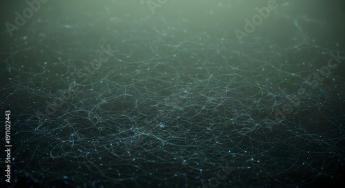 Abstract dark green background with glowing white tangled lines and subtle particles, digital render texture