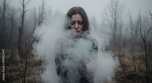 Young woman with tears standing in thick fog surrounded by bare branches, mental health and depression concept
