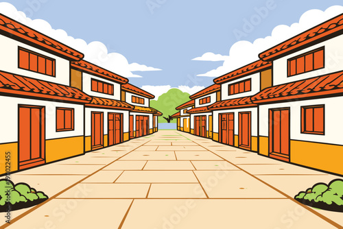 asian village street with traditional houses and lanterns