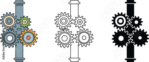 Interlocking gear wheels silhouette & Outline and illustration set isolated on transparent background