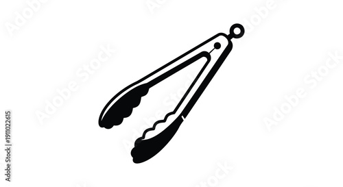 A simple black and white illustration depicts a pair of kitchen tongs angled diagonally across a white background high quality