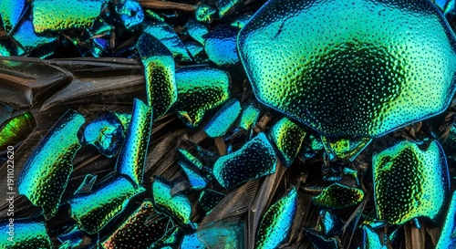 Iridescent green and blue beetle wing shards, macro texture, shimmering insect carapace pieces, abstract biological background