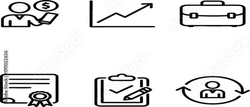 Professional business and financial icon set featuring successful entrepreneur, rising growth graph, executive briefcase, official certification document, checklist, and 