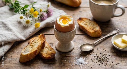 Perfect soft boiled egg in ceramic egg cup with golden yolk, toasted bread soldiers and wildflowers on rustic wooden table
