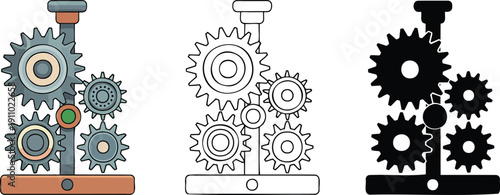 Interlocking gear wheels silhouette & Outline and illustration set isolated on transparent background