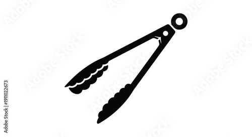 A simple black and white illustration depicts a pair of kitchen tongs angled diagonally across the frame