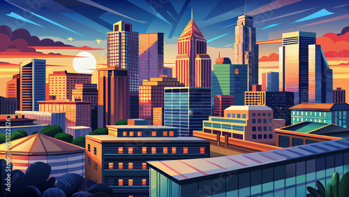 Very beautiful rooftop skyline view of Austin, Texas, USA, capturing high-rise buildings, evening light reflections, and the energetic atmosphere of a growing metropolitan city.