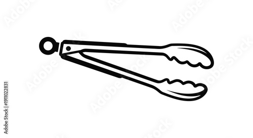 A simple black and white line drawing depicts a pair of kitchen tongs commonly used for gripping and serving food