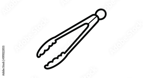 A simple black and white line drawing depicts a pair of kitchen tongs angled slightly high quality professional detailed modern