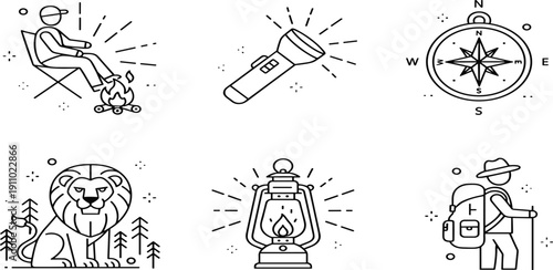 Outdoor adventure and camping icon set, featuring campfire relaxation, bright flashlight, navigational compass, wild lion, vintage kerosene lantern, and hiking 