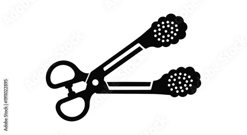 A simple black and white illustration depicts a pair of kitchen tongs commonly used for gripping and lifting food items