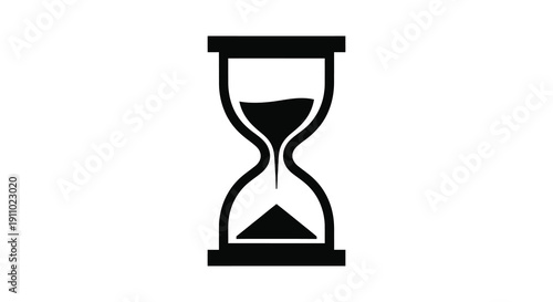 A simple black silhouette of an hourglass depicts the passage of time with sand partially filling the lower bulb