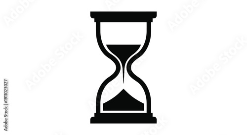 A simple black silhouette depicts a traditional hourglass with sand partially filling the lower bulb high quality professional