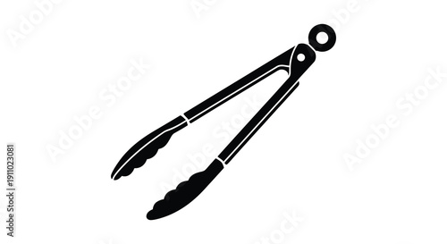 A sleek black and white silhouette depicts a pair of kitchen tongs commonly used for serving or cooking high quality