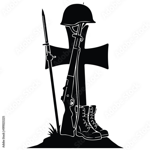 Soldier's solemn tribute with rifle and helmet at gravesite