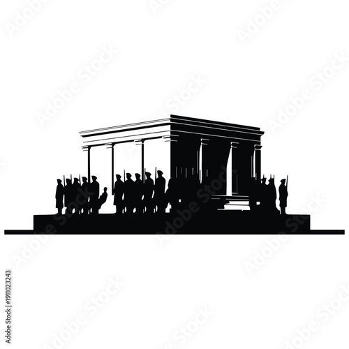 Silhouette of people gathered at ancient architectural structure