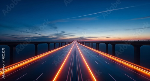 Modern highway bridge at twilight with glowing light trails representing speed and future transportation