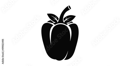 A striking black silhouette depicts a bell pepper with a curved stem and vibrant green leaves high quality