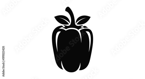 A stark black and white silhouette depicts a single fully formed bell pepper with stem and leaves high quality professional