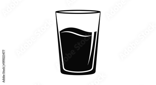 A simple black and white illustration depicts a partially filled drinking glass with a dark liquid inside high quality professional