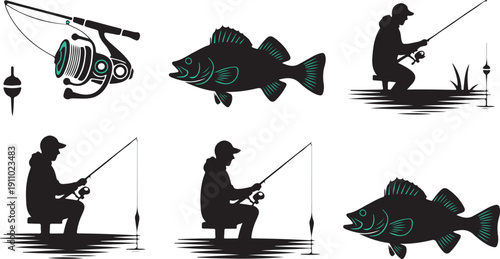 Silhouettes of fishing equipment bobber rod reel and people angling with fish showing teal fins