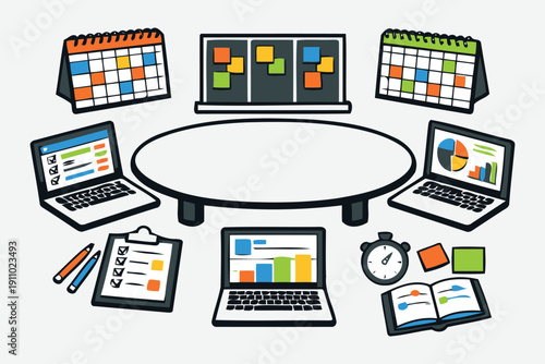 meeting table setup for planning: laptops,calendars,and whiteboard