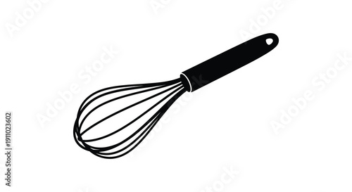 A simple black and white illustration depicts a stainless steel balloon whisk on a white background high quality professional detailed