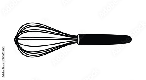 A simple black and white illustration depicts a stainless steel wire whisk with a dark handle high quality