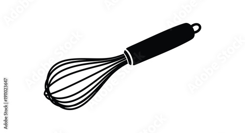 A minimalist black and white illustration depicts a single kitchen whisk angled diagonally on a white background high quality professional