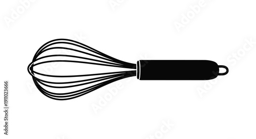 A simple black and white illustration depicts a stainless steel whisk with a dark handle and a loop for hanging