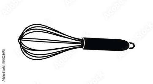 A simple black and white illustration depicts a kitchen whisk a common tool for blending and mixing ingredients
