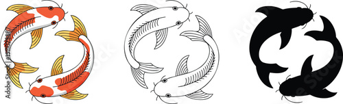 Koi fish silhouette & Outline and illustration set isolated on transparent background