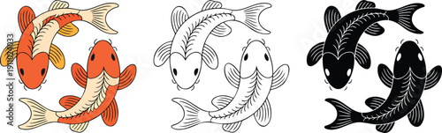 Koi fish silhouette & Outline and illustration set isolated on transparent background