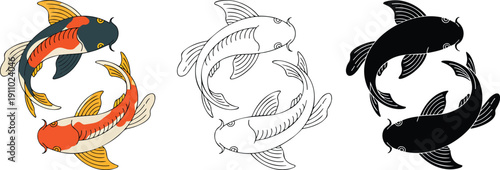 Koi fish silhouette & Outline and illustration set isolated on transparent background