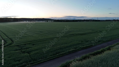 A field of green grass with a road running through it. The sky is a mix of blue and orange hues