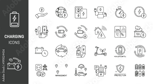 Electric vehicle charging line icons set with plug, car and station