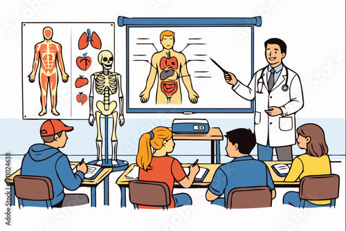 medical class illustration,anatomy lesson with teacher and students