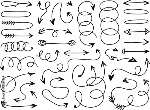 A collection of various hand-drawn black doodle arrows in different shapes and styles is displayed against a white.