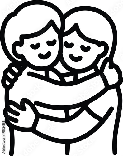 Two simplified figures embrace tightly in a warm hug expressing affection, friendship, or mutual support.
